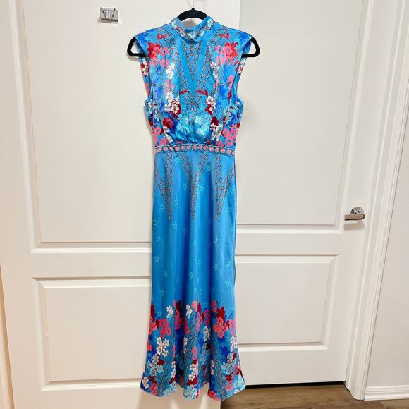 Saloni Blue Fleur Silk Tie-Back Mock Neck Gown - Picture 4 of 8